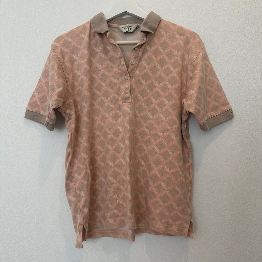 Vintage Reebok Golf 100% cotton pink diamond print collared polo shirt medium